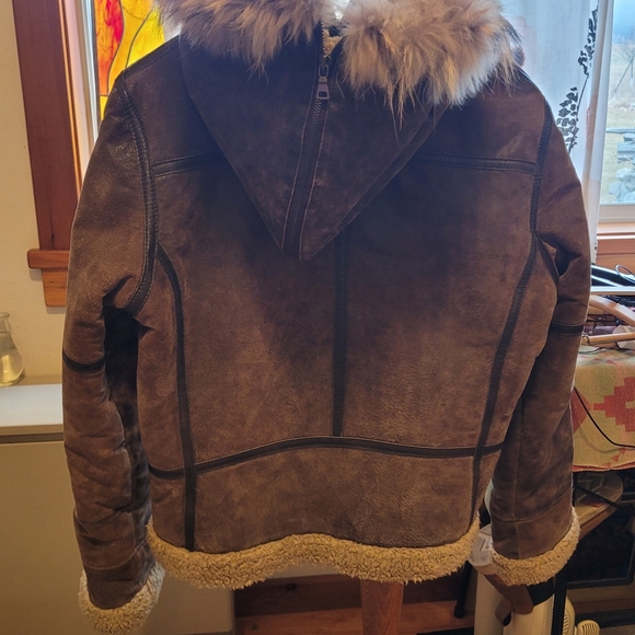 Tan and Brown Leather Hooded Bomber With Real Fur Lined Hood, L - Picture 2 of 10